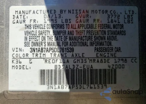 2013 Nissan Sentra S z USA, uszkodzony, nr VIN 3N1AB7AP5DL761539